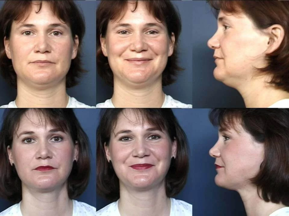 Before and after facial liposuction on a woman from multiple angles Before and after facial liposuction on a woman from multiple angles